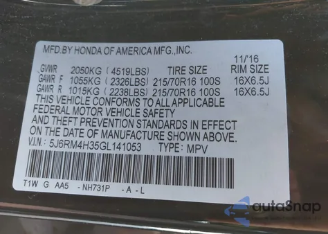 2016 Honda Cr-V Lx из США, поврежденный, VIN 5J6RM4H35GL141053